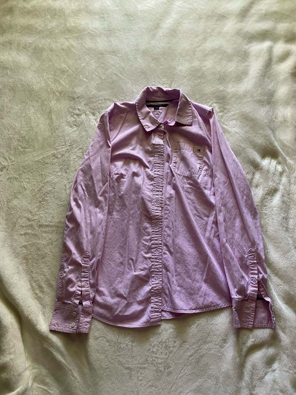 Tommy Hilfiger Women's Pink and White Striped Long Sleeve Button Down Shirt